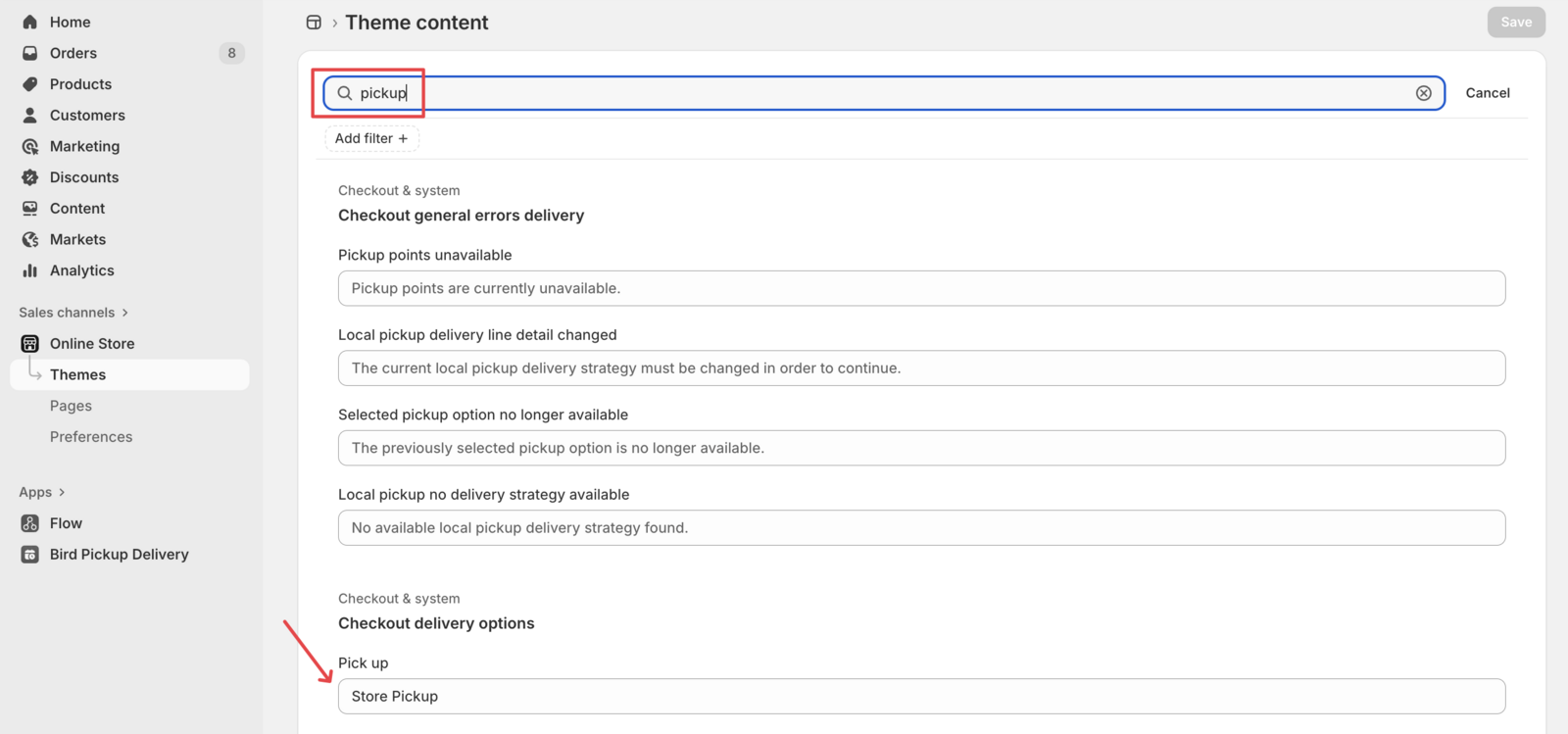 Shows the checkout labels for options like Pick up and Local delivery that can be customized