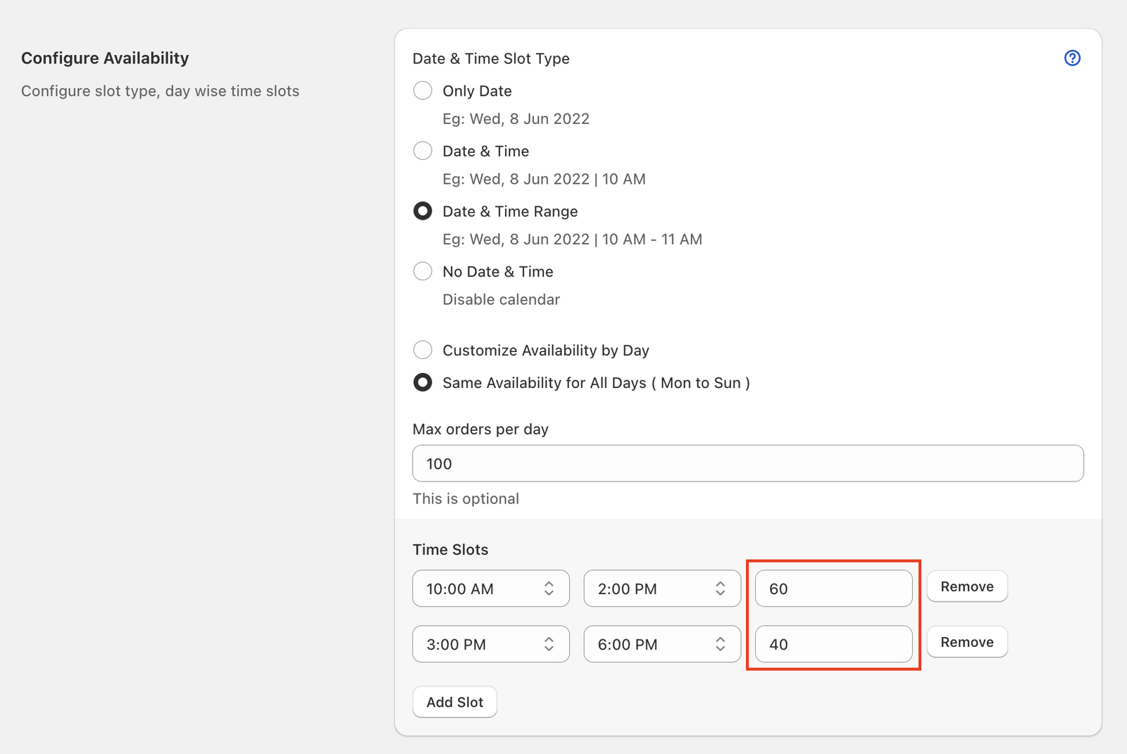Maximum orders per time slot setting for pickup