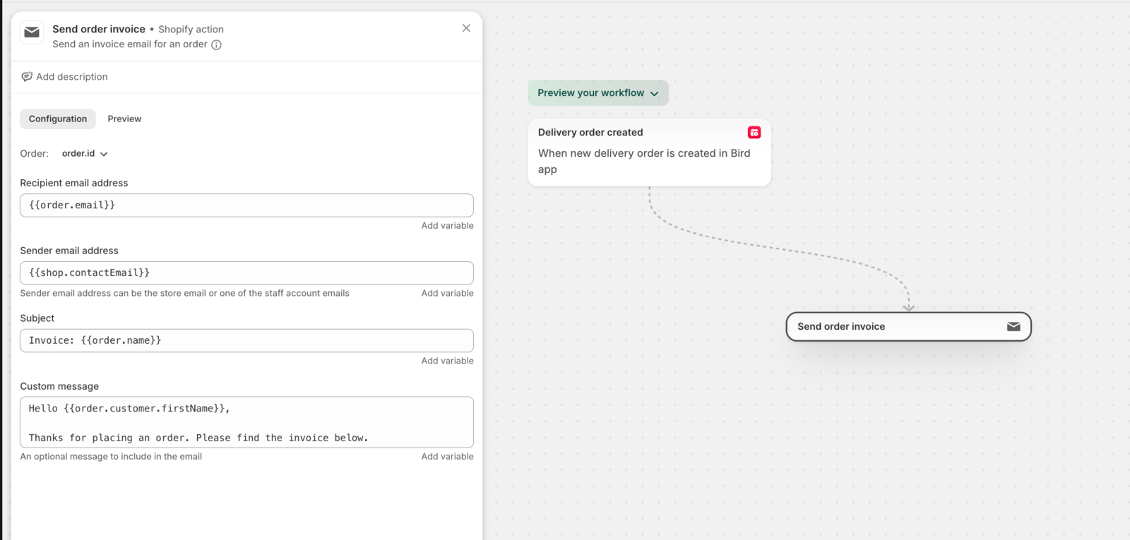Shopify Flow action configuration screen for "Send Order Invoice" showing how to add variables from the trigger data to customize the invoice content