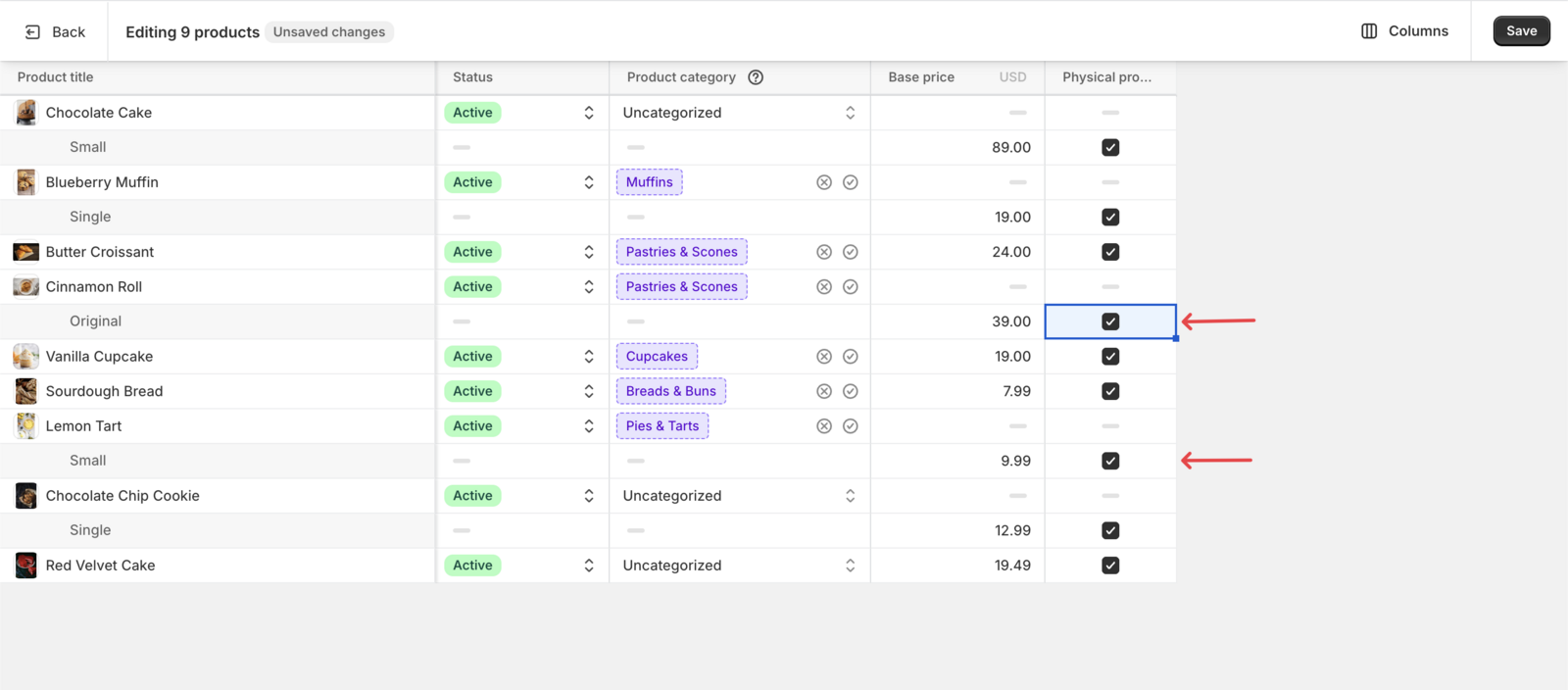 Shows the completed bulk edit with all products marked as Physical Products and the save button highlighted.
