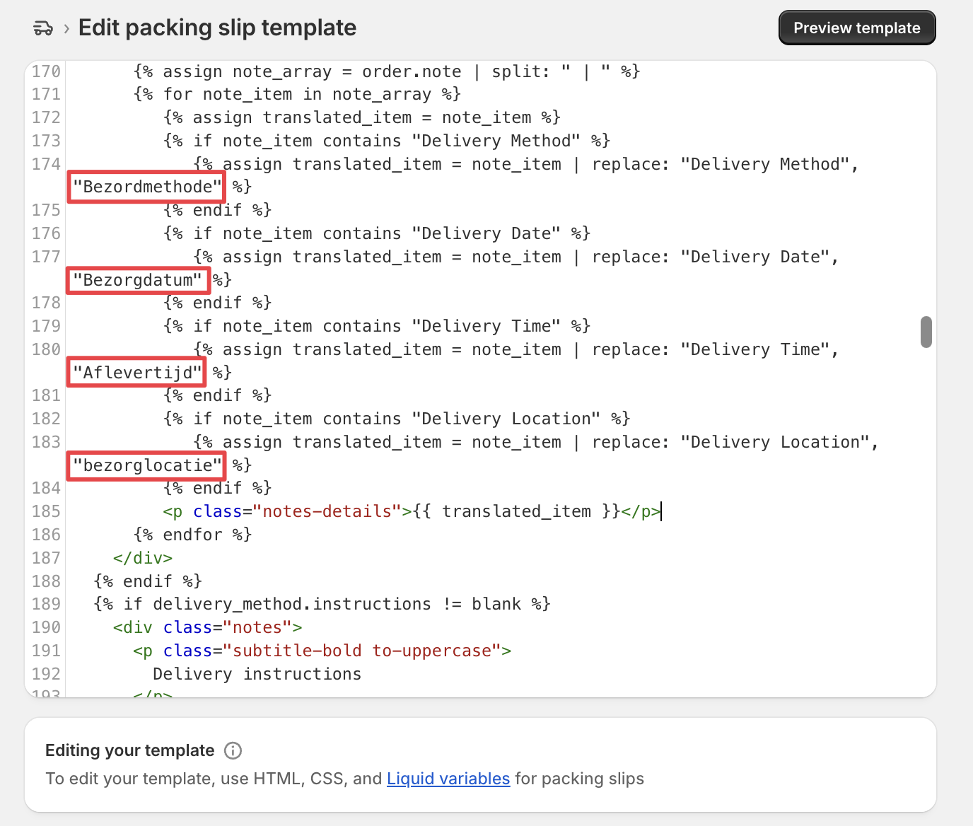 Shows the translation code example with custom language terms