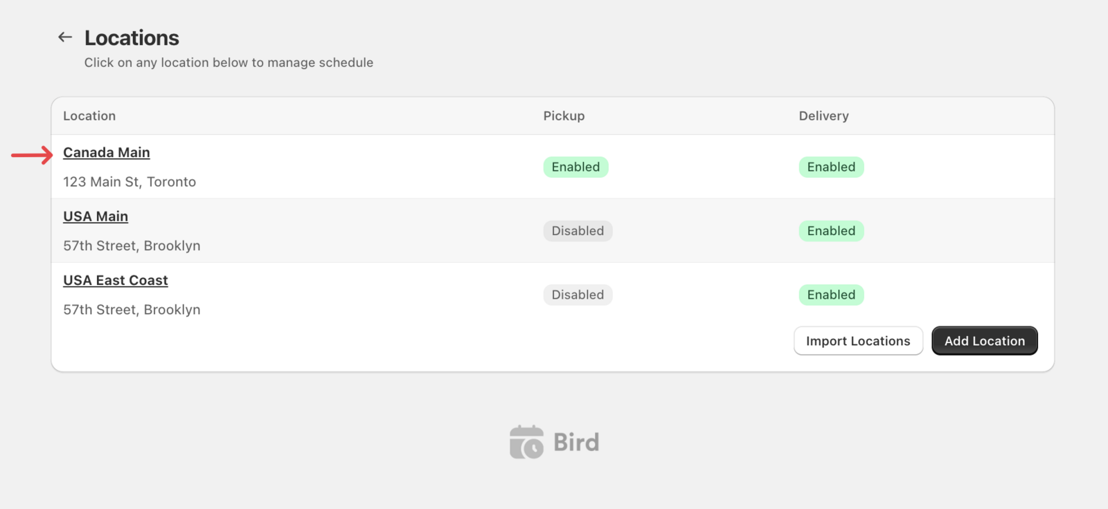 Location selection screen showing multiple store locations available for configuration