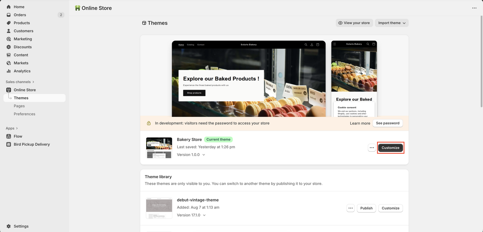 Shows the Shopify admin dashboard with the Customize button highlighted next to the active theme