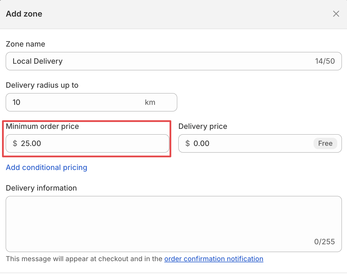 Shows minimum order value settings that may be preventing checkout completion