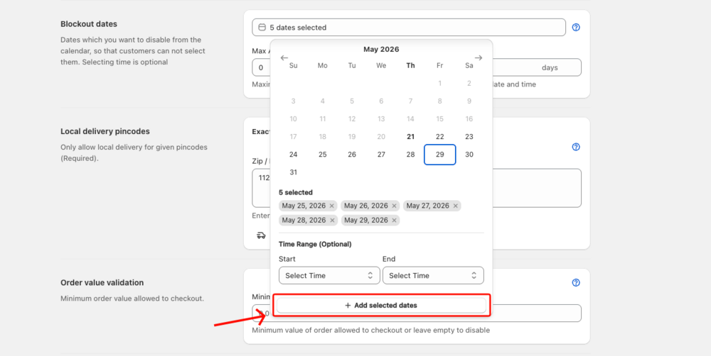 Shows 5 dates selected as tags with the Add selected dates button highlighted