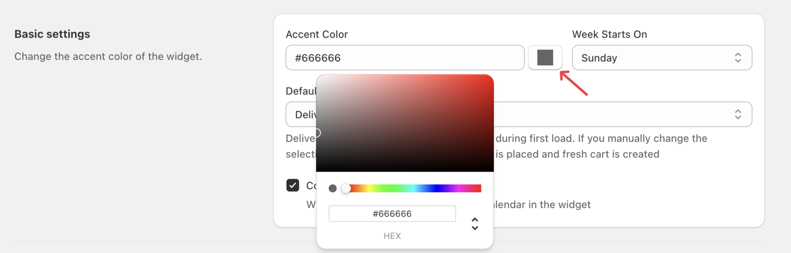 Widget Design settings page showing the background color picker field