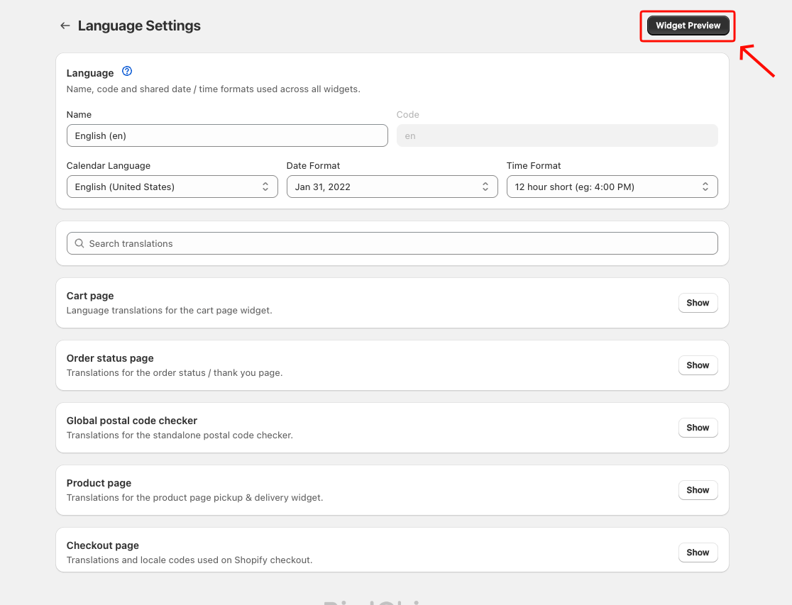 Language Settings page with the Widget Preview button highlighted in the top-right corner