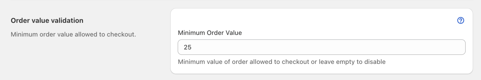 Minimum order value input field in delivery method settings