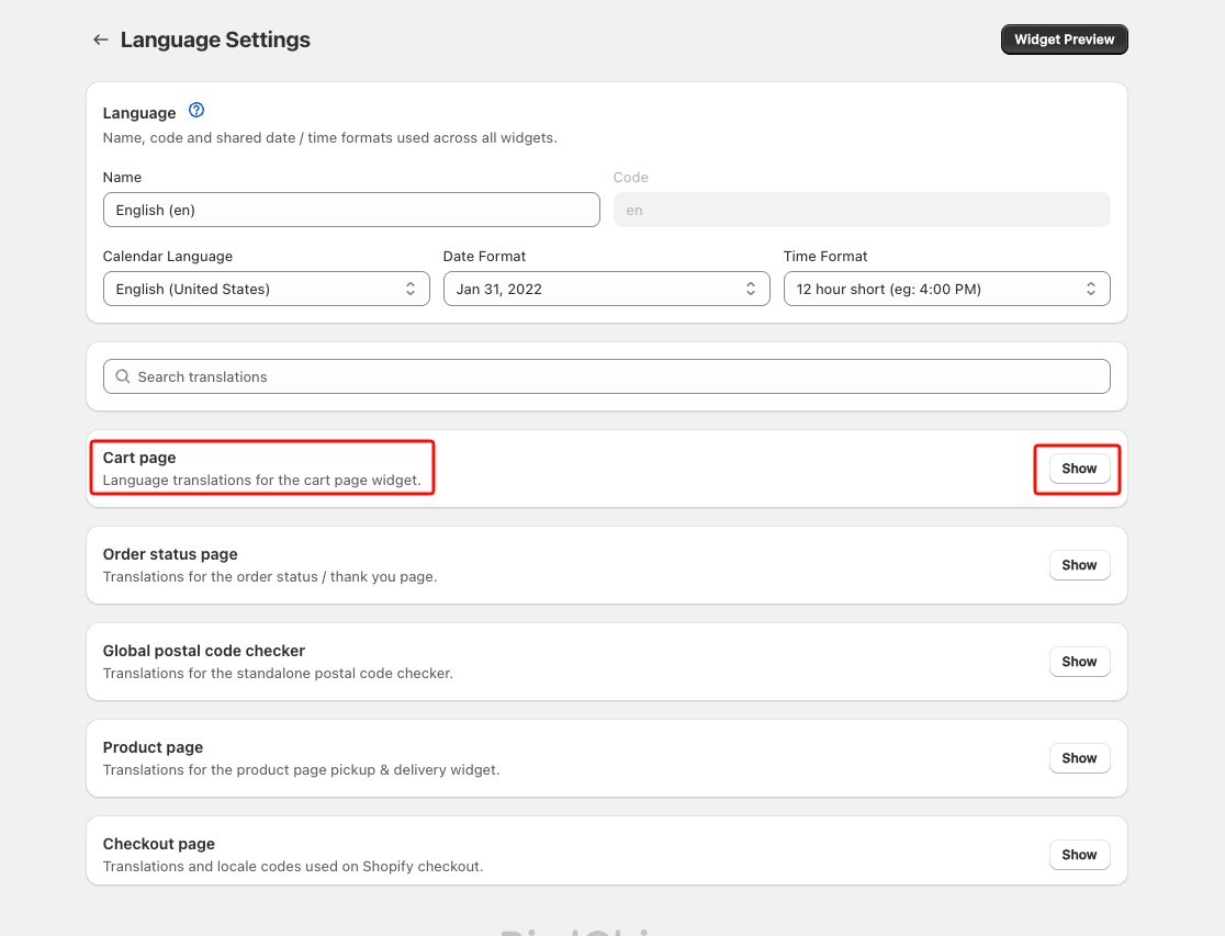 Language Settings page with the Cart page section highlighted and the Show button, ready to expand