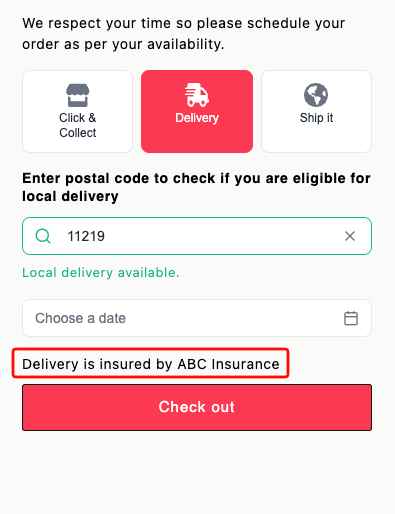 Cart widget on the Local Delivery tab showing the delivery footer text below the postal code field