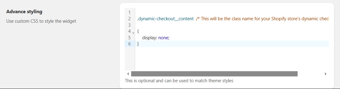 Advanced styling section showing the CSS code added to hide express checkout buttons