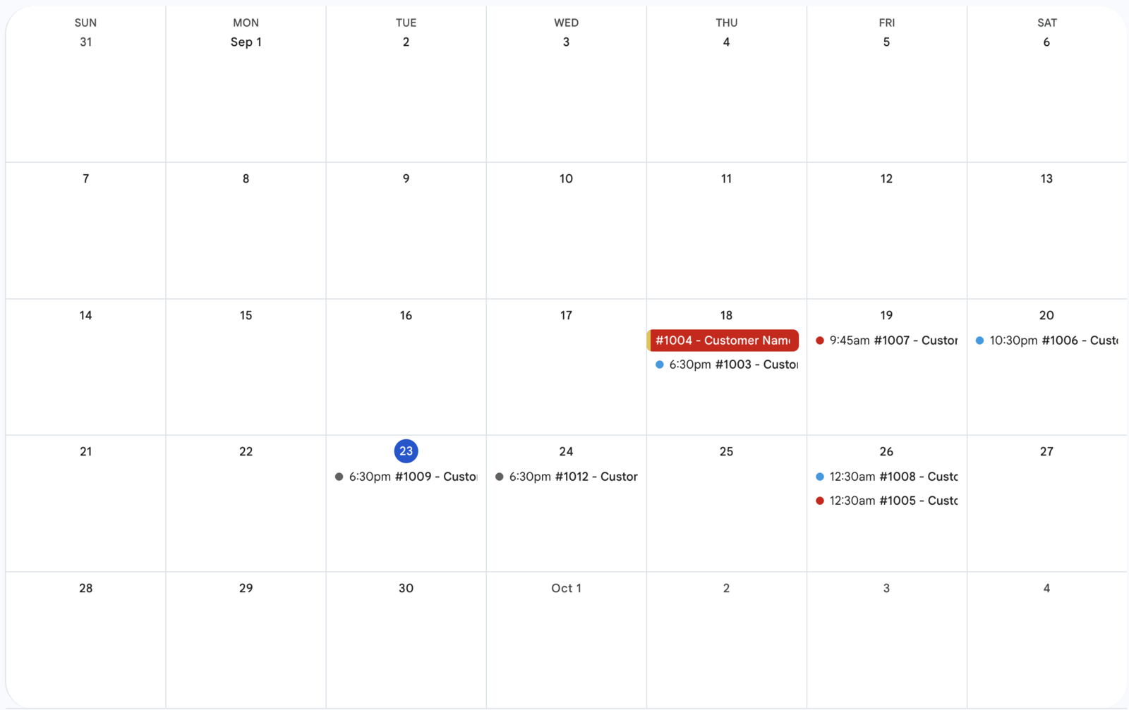 Google Calendar view with Bird Pickup & Delivery order events displayed as calendar entries