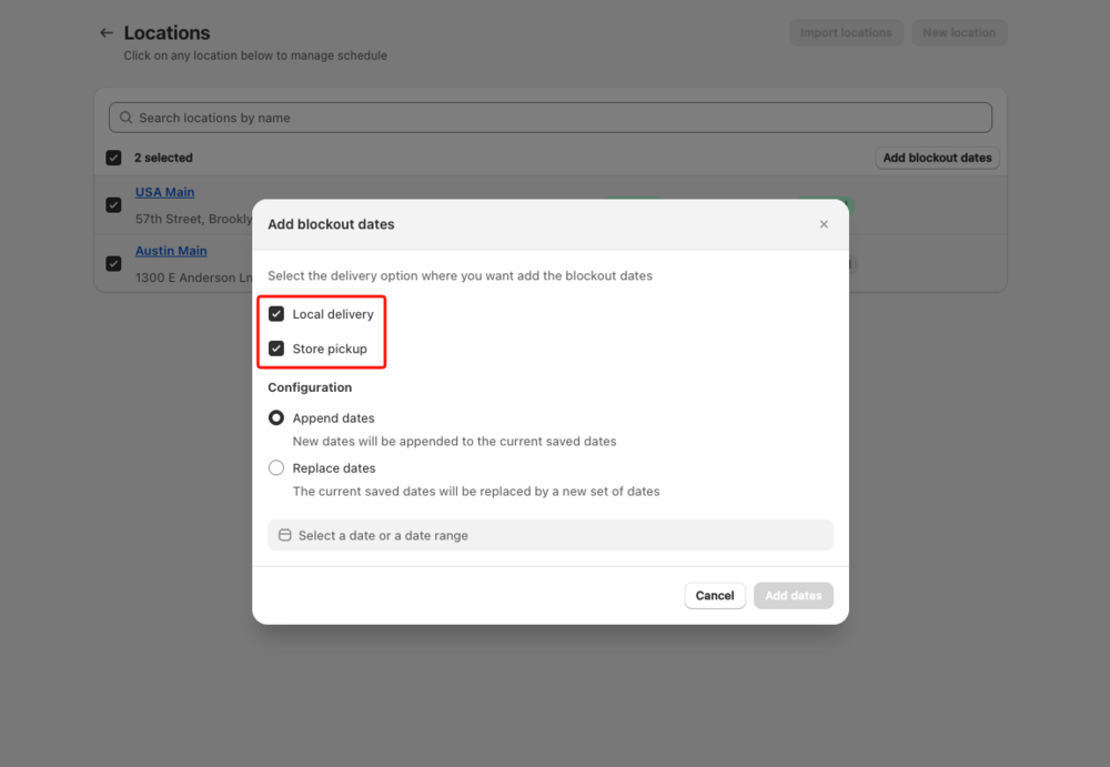 Shows the Append dates and Replace dates radio buttons in the Configuration section