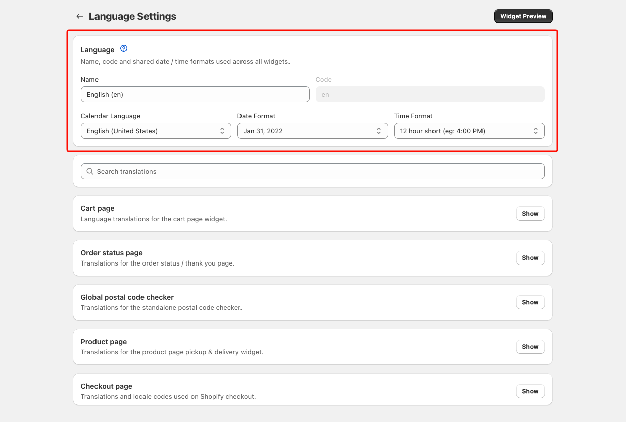 Language Settings page with the Language section highlighted, showing Name, Code, Calendar Language, Date Format, and Time Format fields