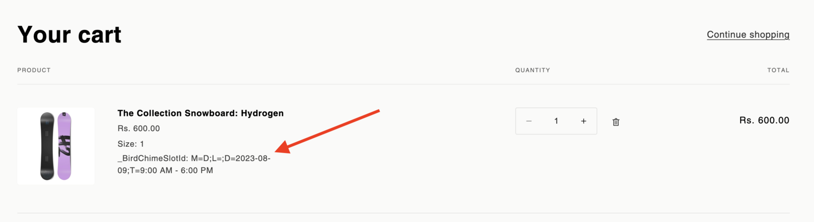 Shows the cart page with _BirdChimeSlotId visible as a line item property that can be hidden