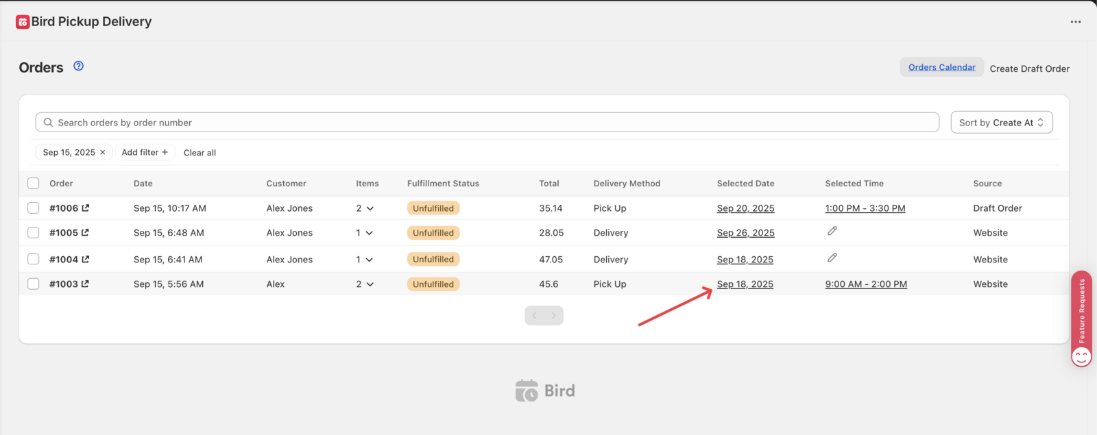 Shows where to click to edit order delivery date detail in the Bird App