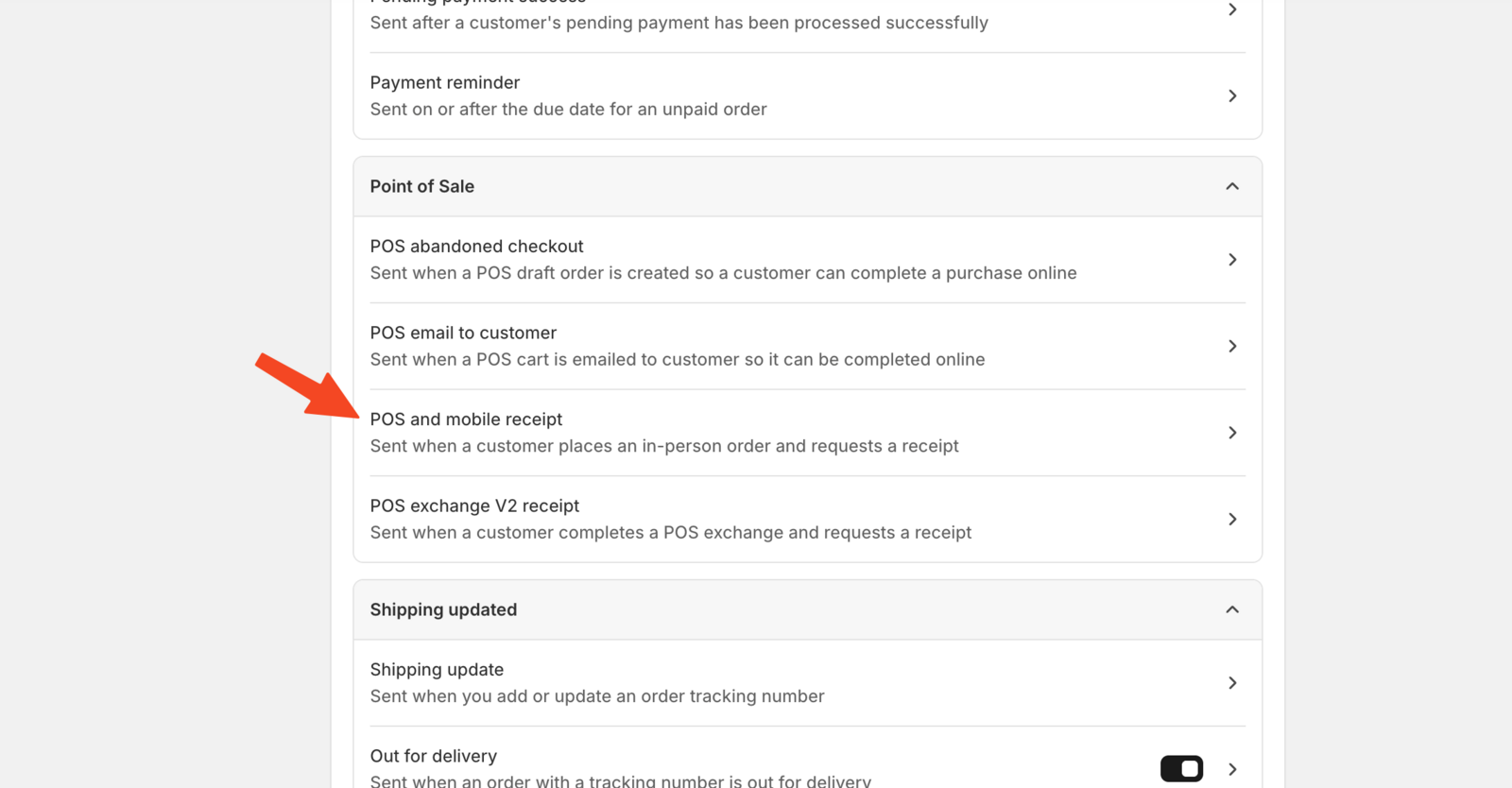 Displays the POS and mobile receipt notification option