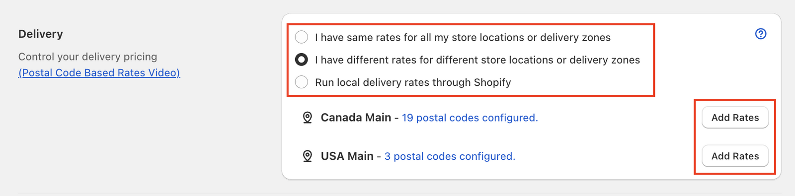 Interface for configuring location-based or postal code delivery rates