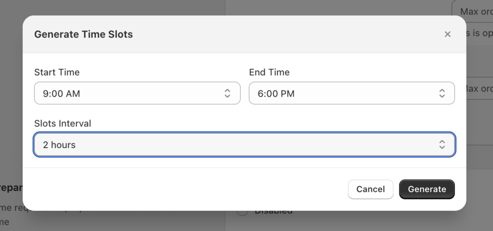 Generate Slots modal with Start Time, End Time, and Slot Interval fields