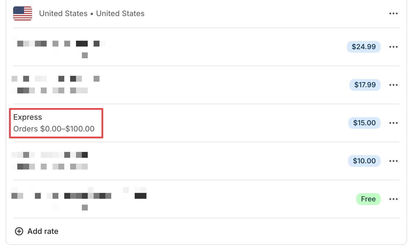 Shows Shopify shipping rate configuration that may not cover customer's cart value