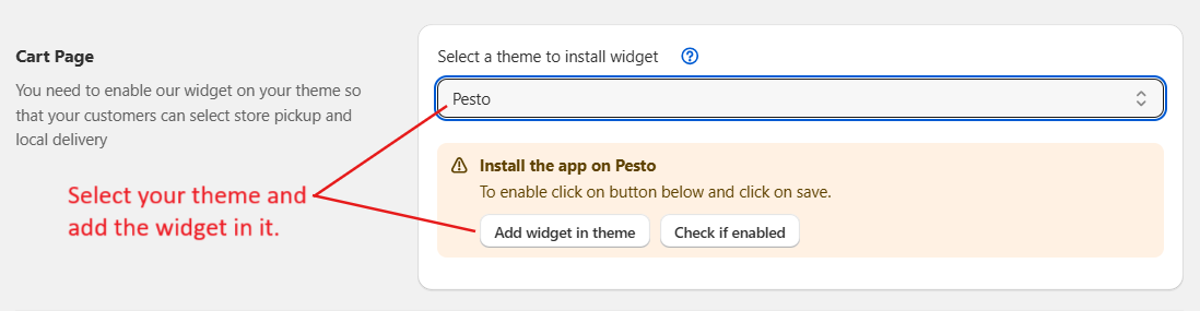 Shopify theme selection for Bird Pickup and Delivery app widget installation