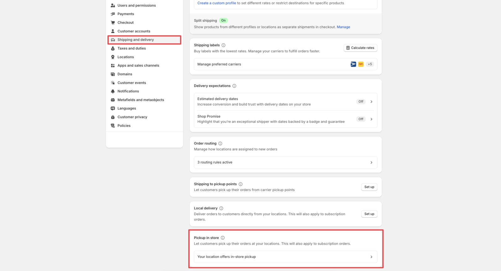 Shopify admin Settings page with Shipping and delivery section highlighted, specifically the Pickup in store area