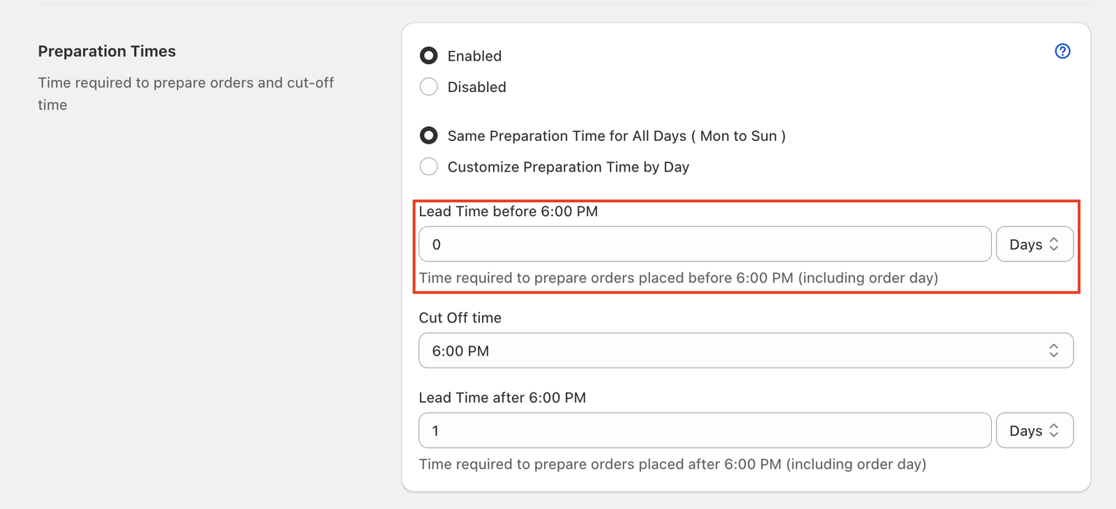 Showing the settings for same-day delivery global setup
