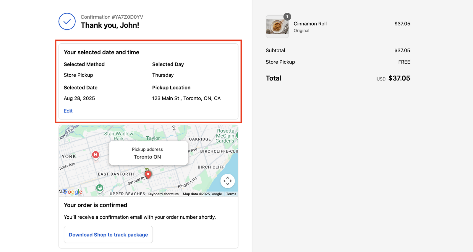 Displays the order confirmation page showing successful order completion with delivery details