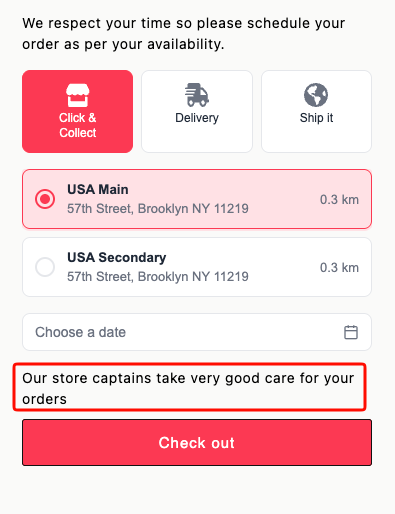 Cart widget on the Store Pickup tab showing the pickup footer text below the widget