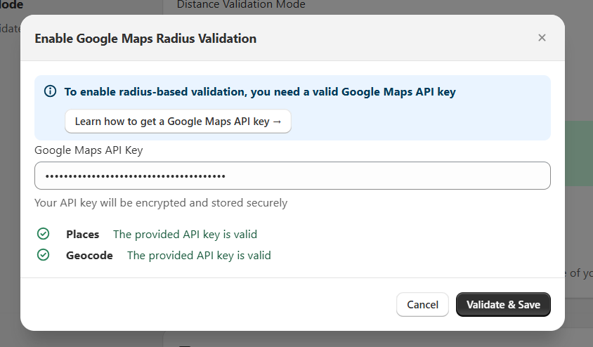 Shows the completed radius-based validation configuration with the API key field filled