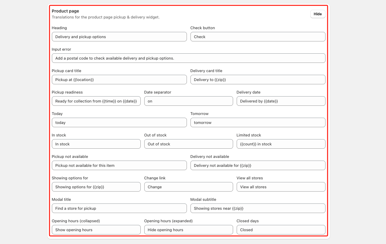 Product page settings expanded, showing all translation fields including card titles, readiness strings, stock states, and store finder