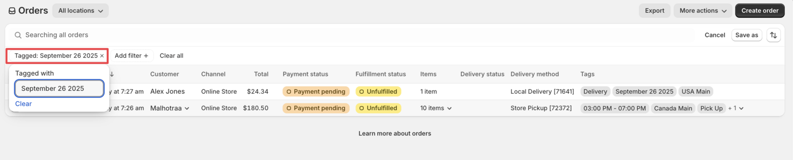 Displays the Tagged with a sample date selected for filtering orders