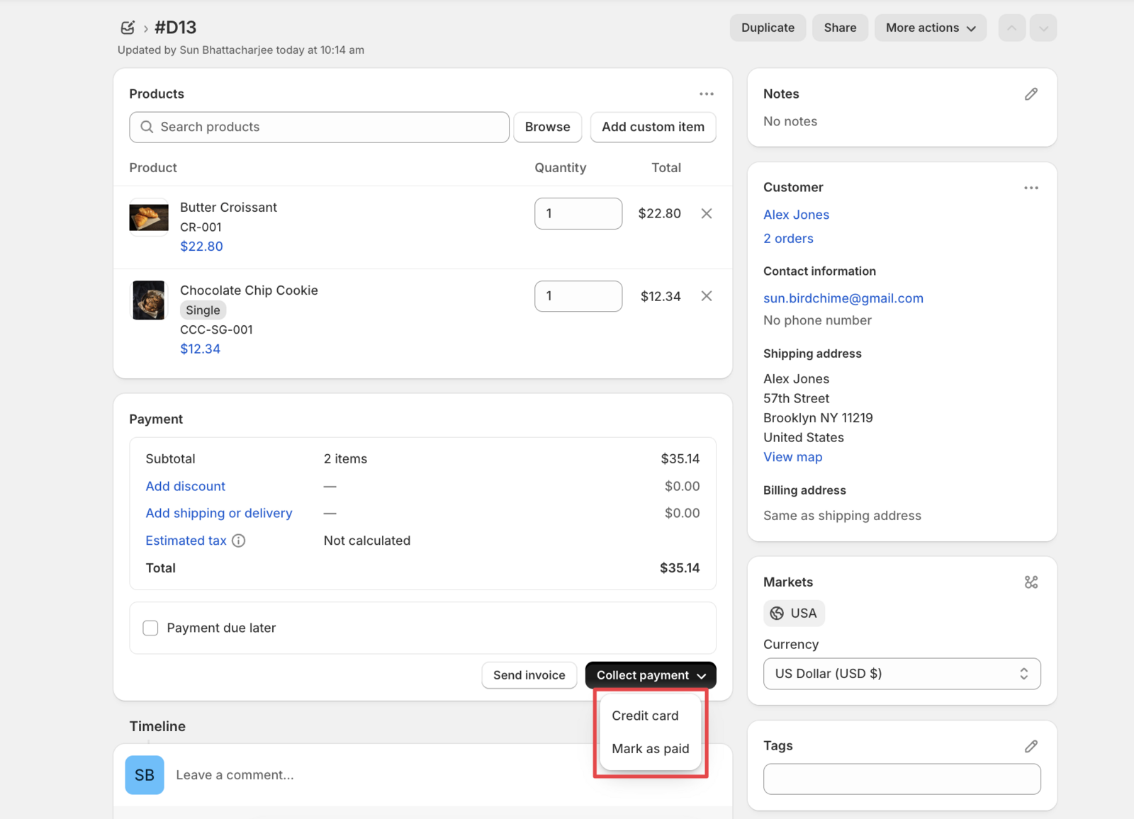 Shows the payment collection process for the draft order