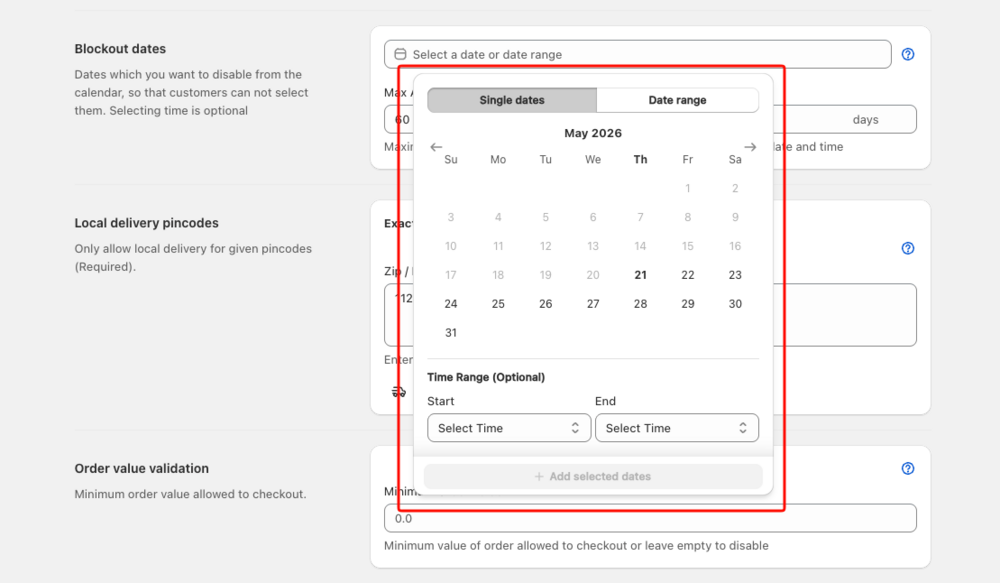 Shows the date input field and open date picker popover