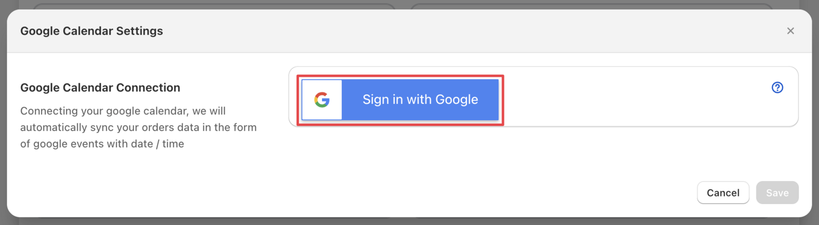 Displays the Google Calendar integration page with the "Sign in with Google" button prominently shown