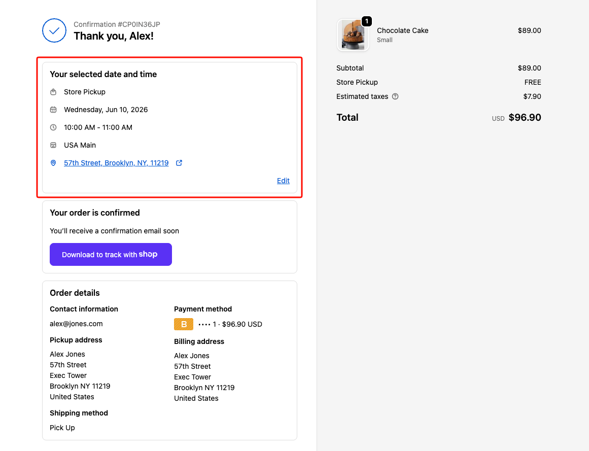 Shopify thank-you page showing the "Your selected date and time" summary box with store pickup details