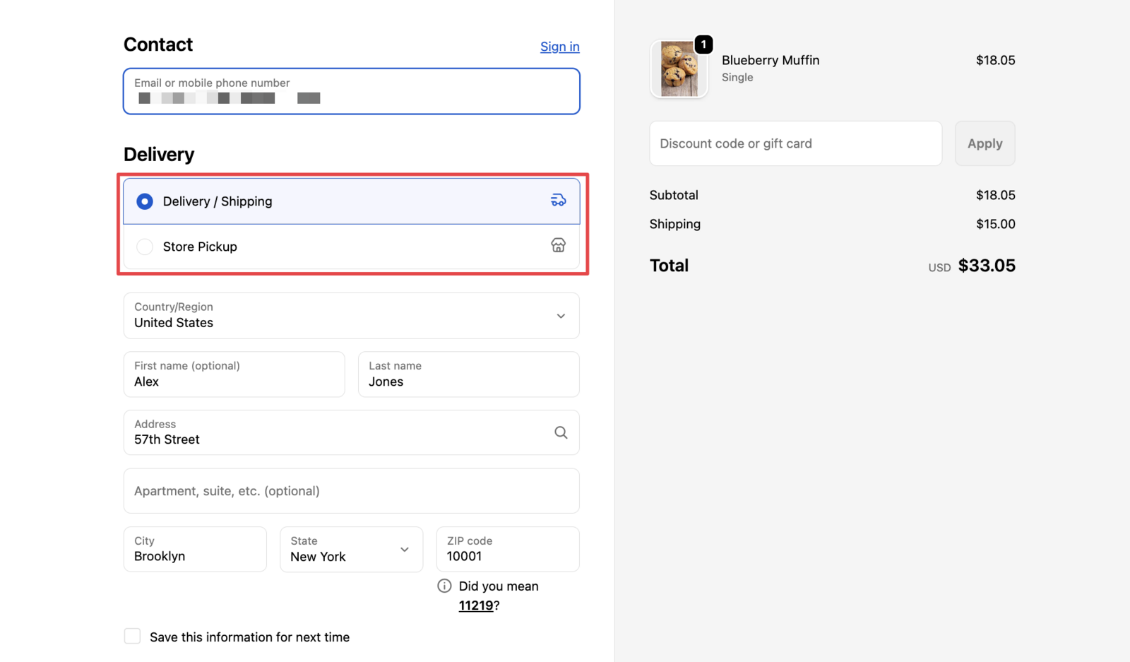 The Shopify checkout page displaying updated language label for Pick up