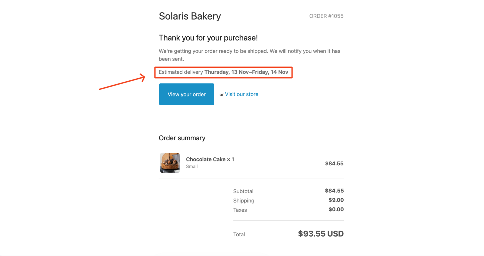 Estimated Delivery Date highlighted in the order confirmation email