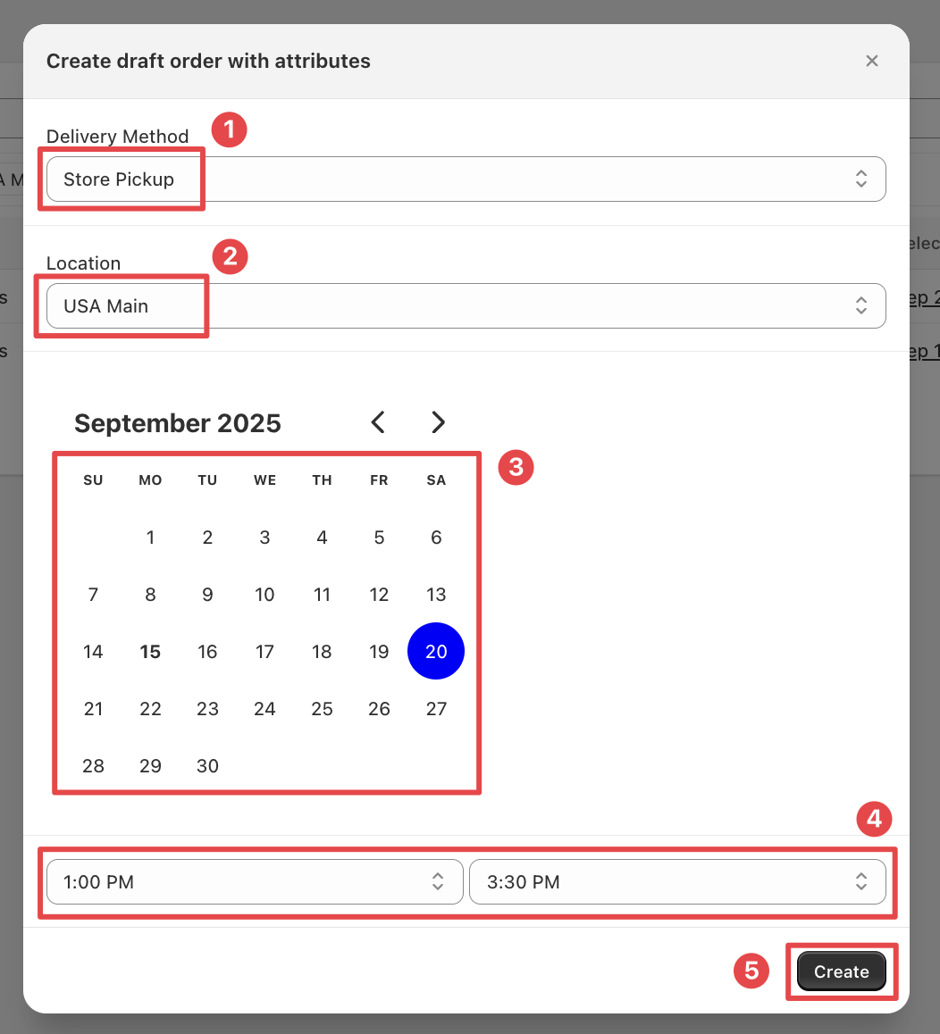 Shows the draft order creation form with delivery method, location, date, and time selection options
