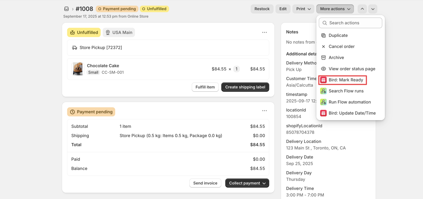 Shopify order page with the More Actions menu and Bird: Mark Ready option highlighted