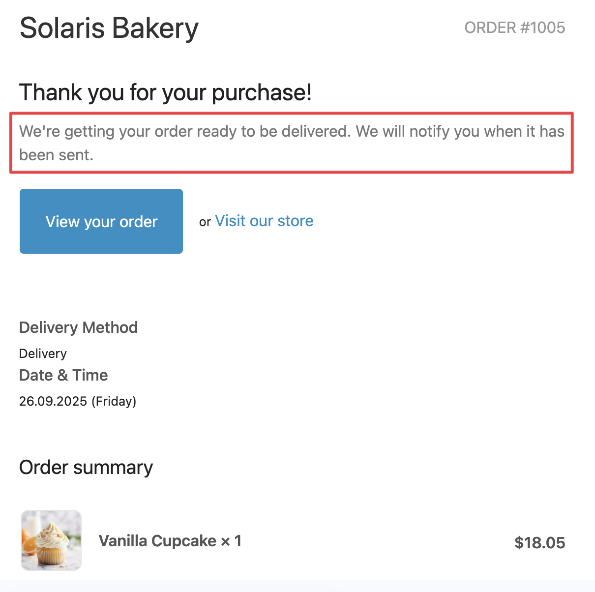 Shows order confirmation email displaying delivery method, date and time information