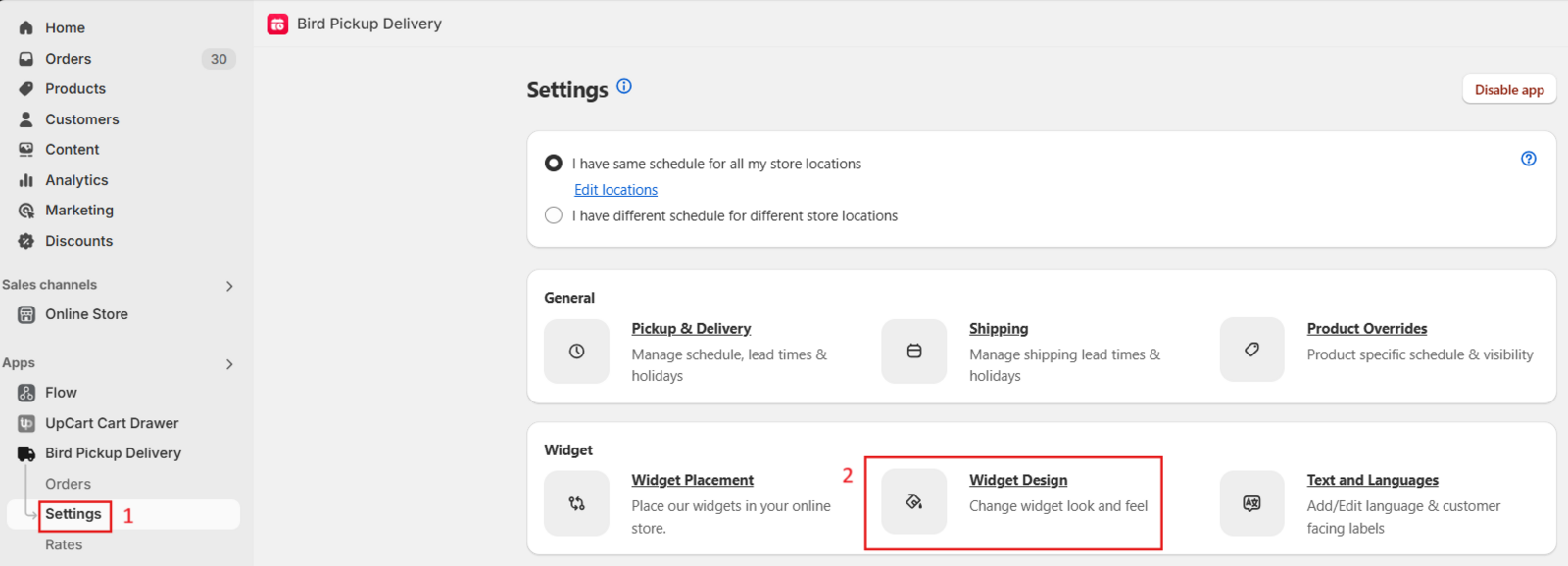 Bird App settings page showing the Widget Design section