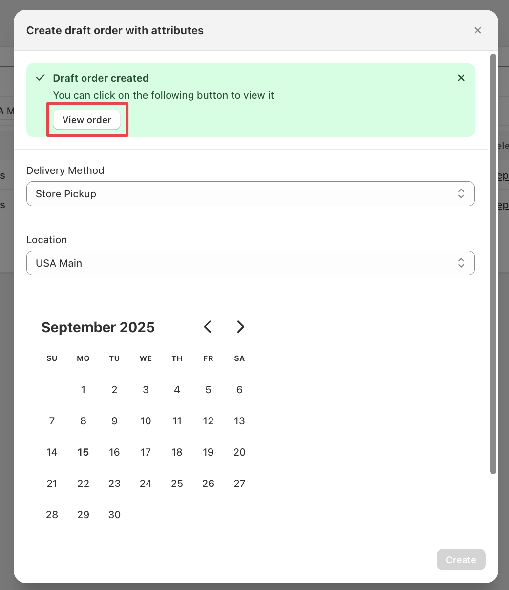 Shows the successful draft order creation with a link to access it in Shopify