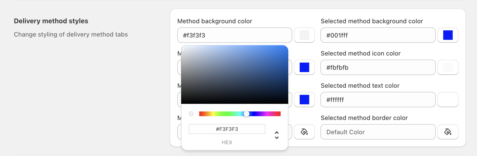 Delivery method styling panel showing button colors, text colors, and border options