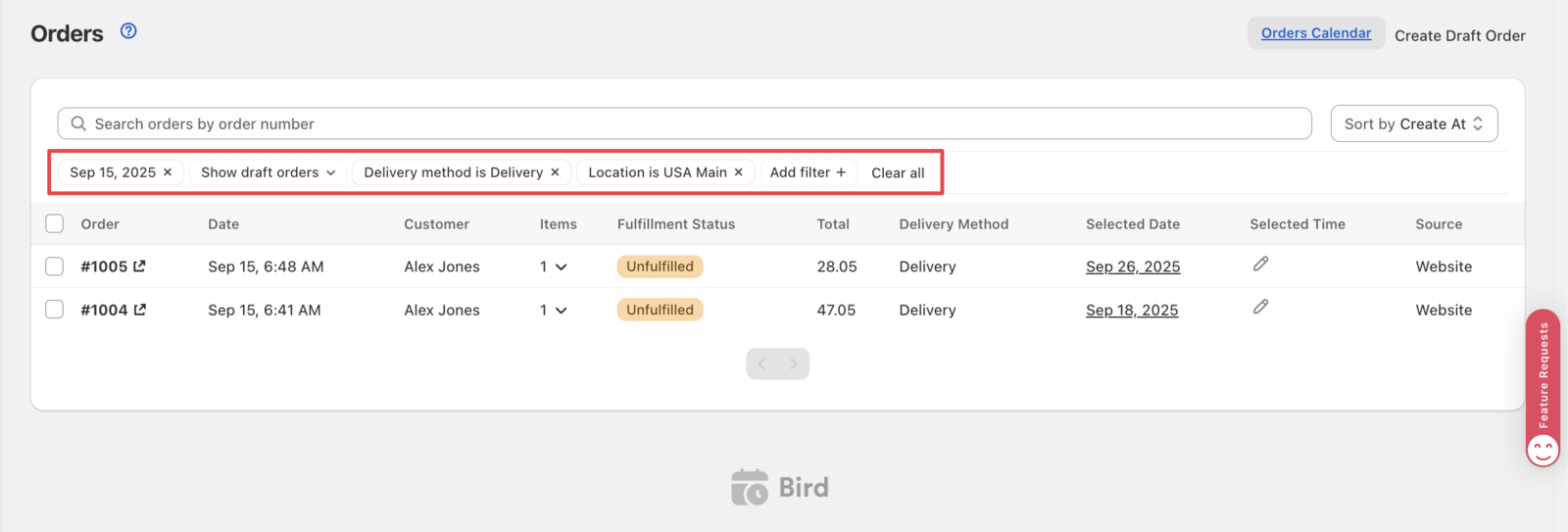 Shows the additional filter options including delivery method, location, and order status