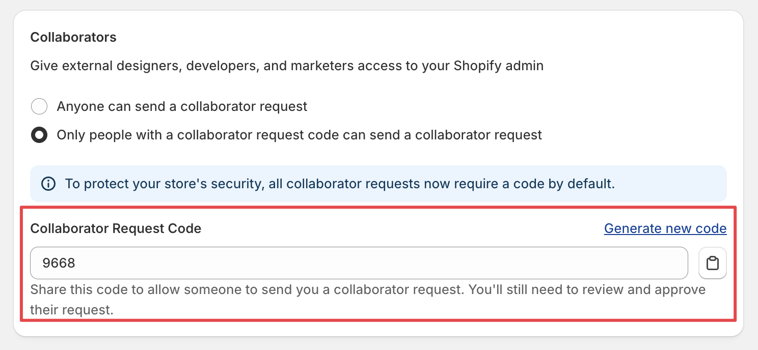 Shows the Collaborators page with the option to view existing codes or generate a new collaborator access code