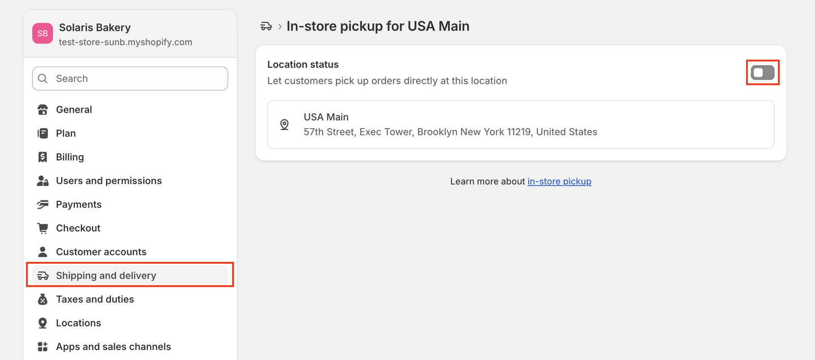 Shopify admin settings showing where to disable store pickup