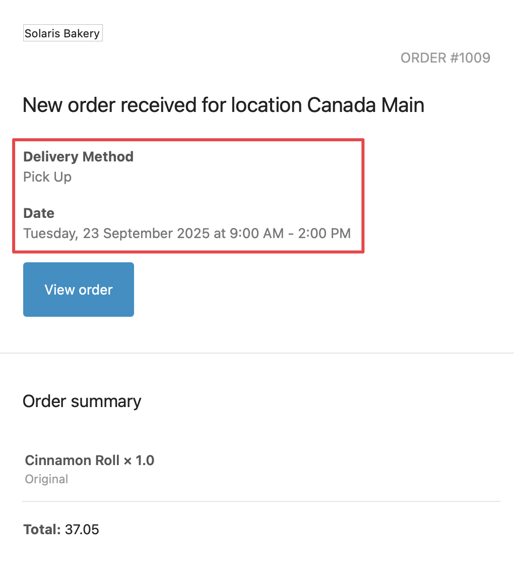 Shows a sample staff notification email with delivery method, date, and time