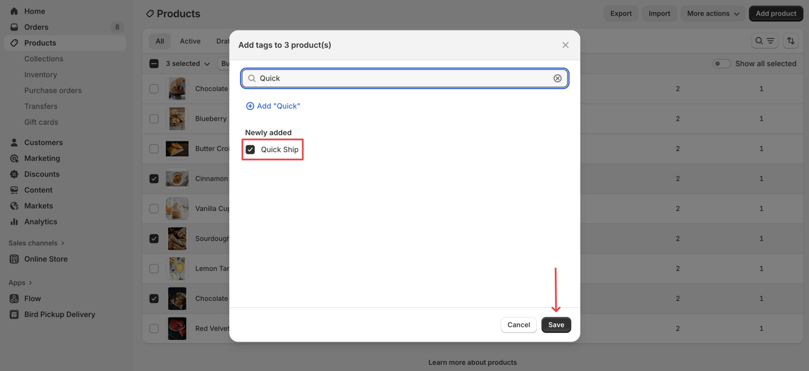 Shows the tag addition interface with the search box and save button for applying tags to selected products