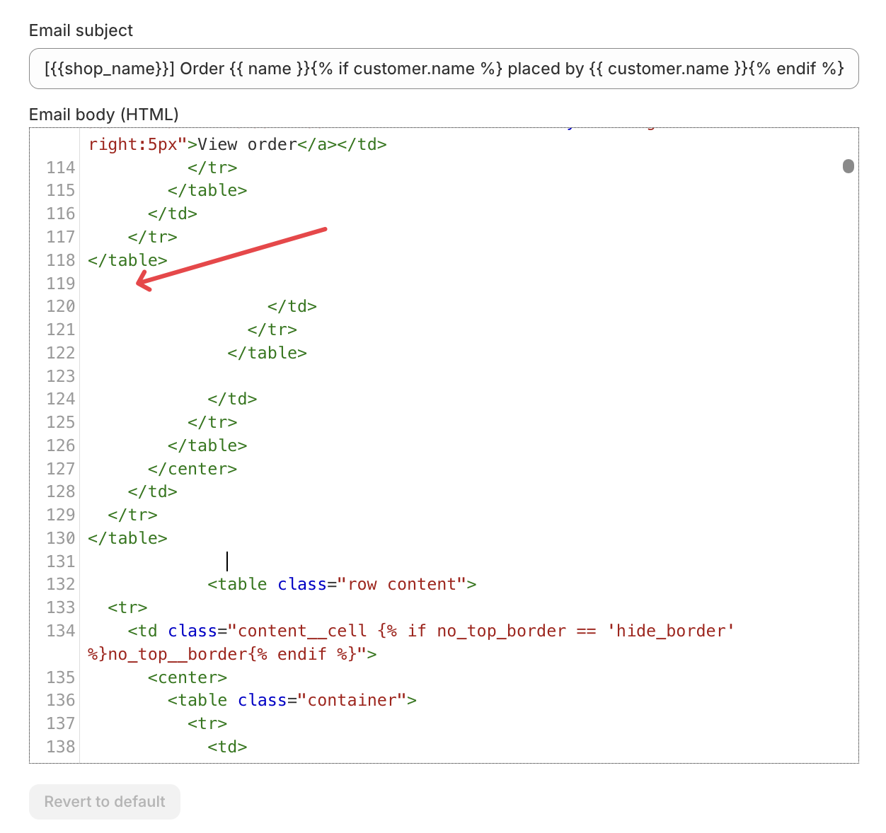 Shows where to position the Bird App code snippet in relation to the order summary table in the email template